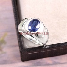Riscaldato Zaffiro Blu Con 18K Placcato Oro Bianco Anello Argento per Uomo #224