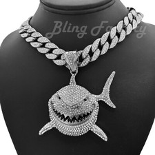 Collana catena cubana ghiacciata con ciondolo grande squalo ghiacciato placcato argento zirconi