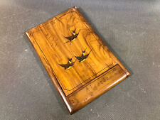 Antico Piccolo Specchio Pieghevole Custodia Legno Intarsiato Decoro Uccelli Con