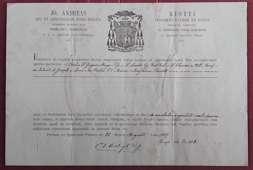 Certificato reliquia ex - certificato,