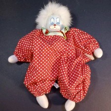 Bambola pagliaccio vintage porcellana dipinta a mano viso sacchetto fagiolo corpo pois costume