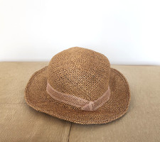 Cappello da donna in paglia, fatto a mano, con nastro rosa. Italia Vintage