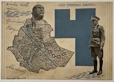 AOI NOI TIREREMO DIRITTO CARTOLINA ILL. MUSSO 1936 COLLAGE GRAFICA FUTURISTA