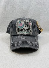 BOAT HAIR DON’T CARE Embroidery Factory Distressed Baseball Cap Black  Hat.