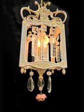 7"x 17" Vintage Floral Indoor Lantern Crystal & Brass Chandelier Pink Accents