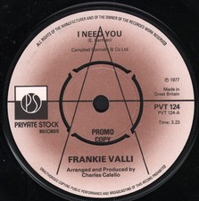 Frankie Valli I Need You 7" Vinile UK Private Stock 1977 Promo Copia PVT124