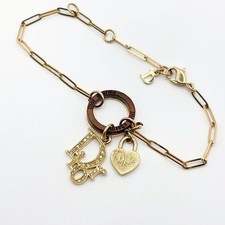 Bracciale Christian Dior Legno Cuore Logo Strass Catena Vintage Tono Oro Giappone