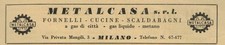 Pubblicita' Vintage Anni 50: Metalcasa srl, Fornelli e Cucine a Gas-Milano