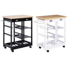 Carrello da Cucina con Ruote Cassetti e Portabottiglie in Legno