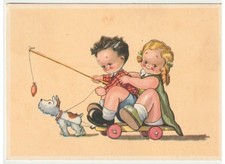 1944 cartolina d'epoca bambini gioco carretto cane