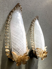 COPPIA APPLIQUE FOGLIA VETRO Murano FILIGRANA BIANCA AVVENTURINA ATTR. Barovier