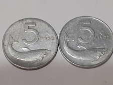 Coppia monete da 5 lire con delfino anno 1953 e 1955