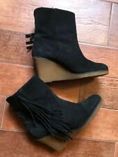STIVALETTO TRONCHETTO ZEPPA NERO 37 PLATFORM CON FRANGE BOOTS COWBOY COWGIRLS