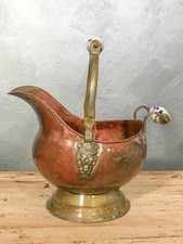 Antico porta carbone in rame e manico ottone e ceramica Delft