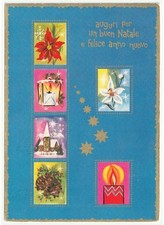 cartolina natalizia vintage stella di Natale lanterna chiesa pigne candela