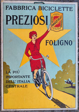 POSTER CARTONE PUBBLICITARIO BICICLETTA ANNI 30 FABBRICA PREZIOSI FOLIGNO