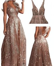 Abito da cerimonia lungo tulle ricoperto da paillettes e glitter color oro rosa