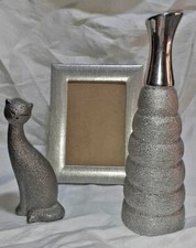 Splendido Set Arredamento Moderno Vaso Gatto Portafoto Ceramica Argentata