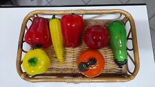 7 pezzi di frutta e verdura in VETRO MURANO con cestino in vimini vintage