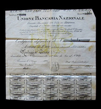 CERTIFICATO AZIONARIO UNIONE BANCARIA NAZIONALE U.B.N. BRESCIA -  LAVENO 1924