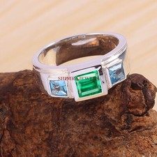 Finto Gemma Smeraldo Con 18K Placcato Oro Bianco Argento Uomo Anello #1873