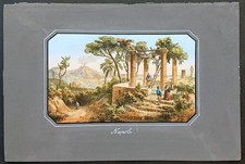 Stampa antica 1860 circa veduta Napoli litografia vesuvio pergolato colori