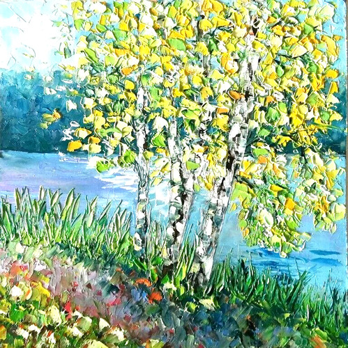 Dipinto olio betulla paesaggio - olio, betulla.paesaggio
