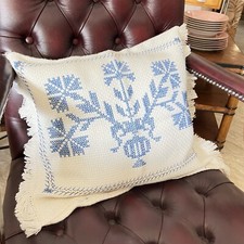 Copricuscino Vintage con ricamo fatto a mano Azzurro punto croce Cuscino 