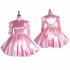 Costume cosplay Sissy ragazza cameriera rosa raso chiudibile a chiave