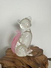 Statuina gatto Murano vintage anni 60 Gambaro & Poggi fiocco argento e vetro rosa Italia