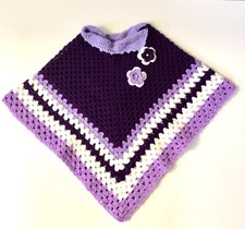 Poncho fatto a mano, Mantello Bambina con uncinetto, Misto lana, lilla e viola