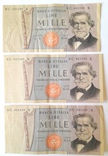 3 BANCONOTE SERIALI MILLE LIRE 1000 GIUSEPPE VERDI DECR. MIN. 26 FEBBRAIO 1969.