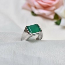 Anello In Argento Placcato Oro Bianco 14K In Onice Verde Naturale Per Uomo #1299