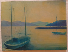 Cesare Pezzali Dipinto Paesaggio Lago barche 1972 Quadro Olio su tela 65x50 cm