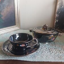 "Deruta 1930" Antico Set Tazza Tè e Zuccheriera Maiolica Lustro Nero Fiori 