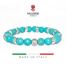 Bracciale donna elastico pietra turchese brillantini argento inserto in acciaio