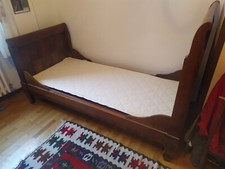 Letto Singolo a Barca 200x90 Antico Noce Italia XIX Secolo Con Rete e Mat
