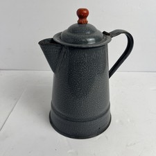Caffettiera vintage granito grigio screziato smalto manico legno coperchio incernierato