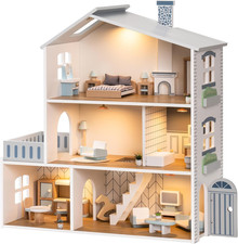 Casa Delle Bambole in Legno Luci,3 Piani, Inclusi Mobili E Scale, Giocattoli per