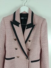 Giacca Zara donna blazer piccolo rosa tweed boucle aderente doppiopetto elegante