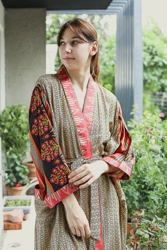 Abito lungo kimono - , beige-nero