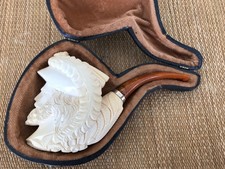 ANTICO BLOCCO PIPA CON CUSTODIA IN SCHIUMA DI MARE, VERO STELO AMBRA, FASCIA ARGENTO.