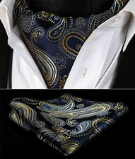 Oro Sciarpa Uomo Foulard Ascot Cravatta Blu Navy Marrone Paisley Seta Gratis