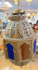 Mid Century Brass And Stained Glass Moroccan Style Lantern