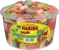 HARIBO Lingue di orso acido vegetariano, in scatola (150 pz. per scatola 1350g) nuove dalla Germania