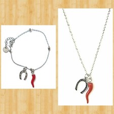 collana e bracciale uomo donna in acciaio con corno portafortuna ferro cavallo  