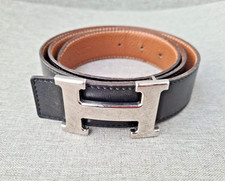 Cintura reversibile HERMES fibbia H originale pelle nera marrone taglia 85 unisex argento H