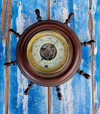 Timone In Legno Con Barometro Huger In Ottone Da Parete Huger Germany Vintage