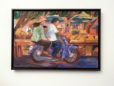 Shelly Bartek quadro su tela originale mercato del sabato mattina