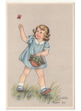 bambina farfalla cesto quadrifogli portafortuna cartolina augurale d'epoca